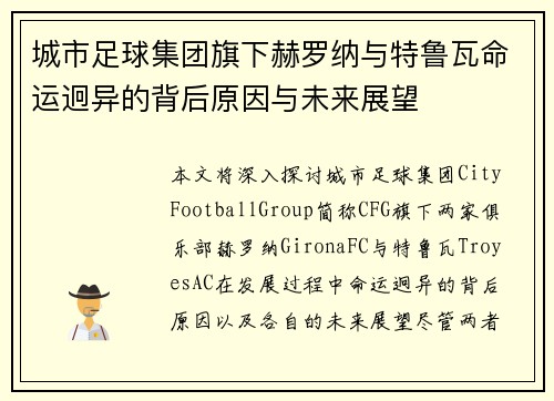 城市足球集团旗下赫罗纳与特鲁瓦命运迥异的背后原因与未来展望 城市足球集团旗下赫罗纳与特鲁瓦命运迥异的背后原因与未来展望