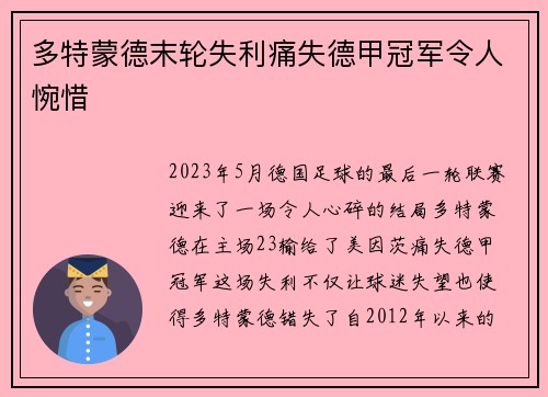 多特蒙德末轮失利痛失德甲冠军令人惋惜